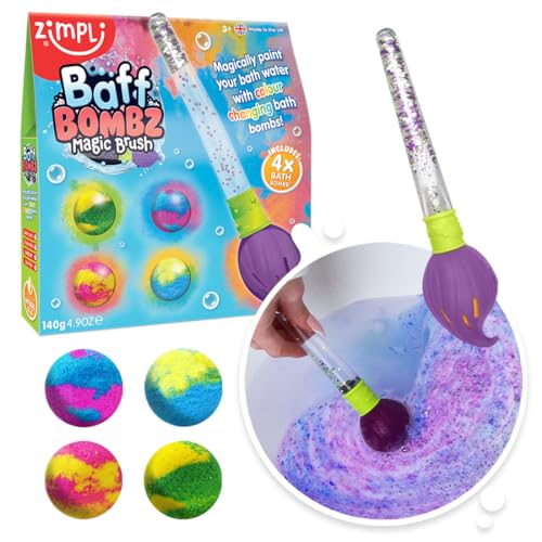 Baff Bombz Magic Brush von Zimpli Kids, 4 x Badebomben, malen Sie Ihr Badewasser magisch, Taschengeld Kreatives Spielzeug für Kinder, Geburtstagsgeschenke für Jungen & Mädchen, Feuchtigkeitsspendende von Zimpli Kids