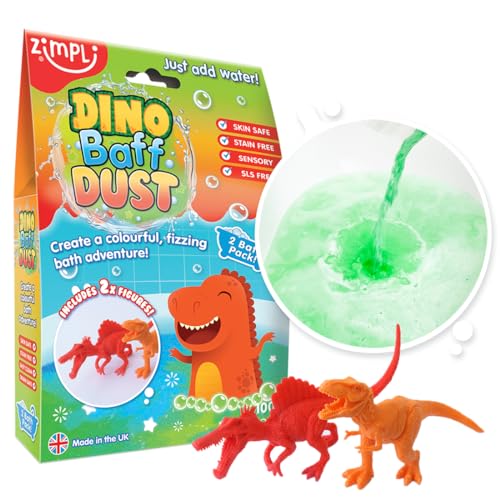 Dino Baff Dust 2 Packungen zum Baden und 2 Dinosaurier-Figuren von Zimpli Kids, magisches Badepulver mit Blasen für Kinder, Geschenk für Kinder, Dinosauriergeschenke für Jungen von Zimpli Kids