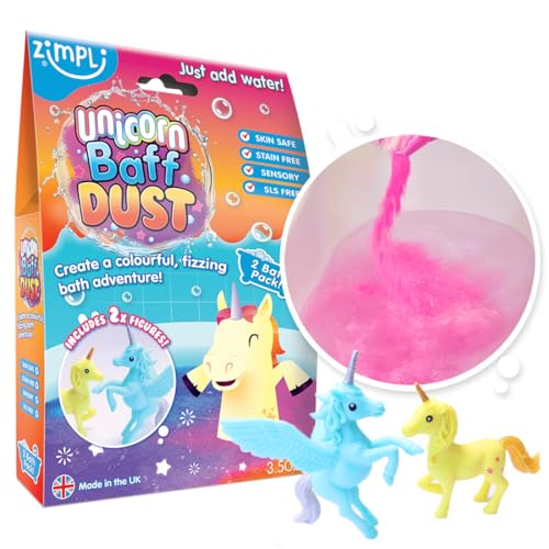 Zimpli Kids, 2 Einhorn-Figuren Baff Dust und 2 Einhorn-Figuren für Kinder, feuchtigkeitsspendende trockene Haut, Badespiel für Paghette, Badebombe aus Puder von Zimpli Kids