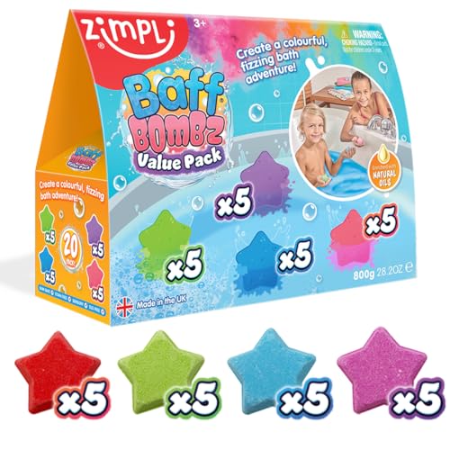 Zimpli Kids 20 x Star Baff Bombz, Erstellen Sie ein buntes sprudelndes Badeabenteuer, Badebomben-Herstellungs-Kit für Kinder, Value Bundle Fizzing Bath Bombs, Geburtstagsgeschenke für Jungen & Mädchen von Zimpli Kids