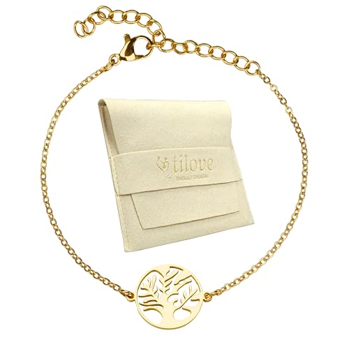 TILOVE Armband Baum des Lebens aus Edelstahl, goldfarben, Symbol für Stärke und Erfüllung, verstellbare Kette 16 + 5 cm, elegantes Geschenk mit Mikrofaserbeutel und inspirierender Karte, 16 cm +5 cm, von Zinello Design