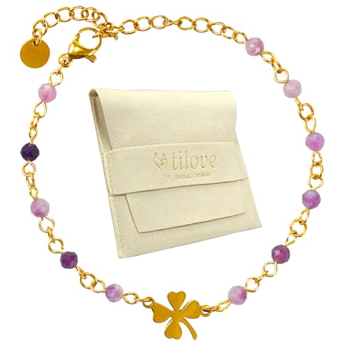 Tilove – Armband aus Naturstein Amethyst Heilstein für Damen mit Kleeblatt Glücksbringer aus Edelstahl. Entworfen in Frankreich. Chakra-Armband für Wohlbefinden. Geschenkidee für Damen, Muttertag, von Zinello Design