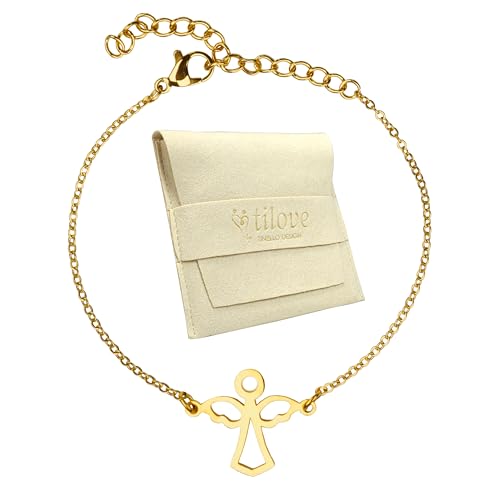 Zinello Design TILOVE Goldenes Engel-Armband aus Edelstahl – Symbolischer Schutz – verstellbare Kette 16 + 5 cm – elegantes Geschenk mit Mikrofaserbeutel und inspirierender Botschaft, 16 cm +5 cm, von Zinello Design