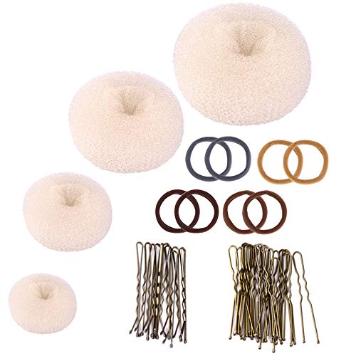Donut Haarknoten-Set, Zingso 4 Stück Frauen Mädchen Haaraccessoires Ring-Stil Mesh Donut Haarknoten Shaper Maker Set mit 8 Stück Haargummibändern, 30 Stück Haarnadeln von Zingso
