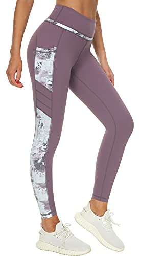 Zinmore Damen High Waist Caprihose Sporthose Tights Yoga Leggings Übung Fitness Workout Leggings mit Handytaschen Pflaume XL von Zinmore