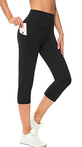 Zinmore Damen High Waist Caprihose Sporthose Tights Yoga Leggings Übung Fitness Workout Leggings mit Handytaschen Black XL von Zinmore