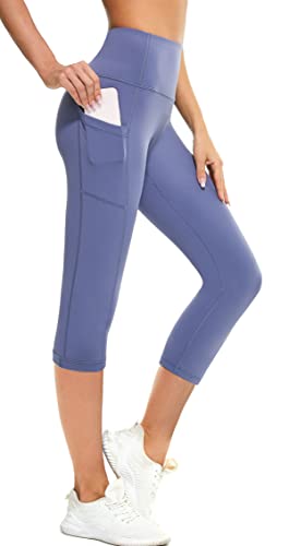 Zinmore Damen High Waist Caprihose Sporthose Tights Yoga Leggings Übung Fitness Workout Leggings mit Handytaschen Light Blue M von Zinmore