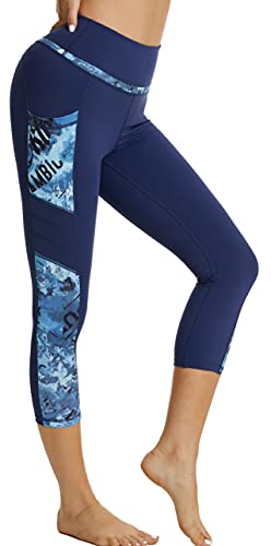 Zinmore Damen High Waist Caprihose Sporthose Tights Yoga Leggings Übung Fitness Workout Leggings mit Handytaschen Navy Blau L von Zinmore