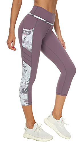 Zinmore Damen High Waist Caprihose Sporthose Tights Yoga Leggings Übung Fitness Workout Leggings mit Handytaschen Pflaume L von Zinmore