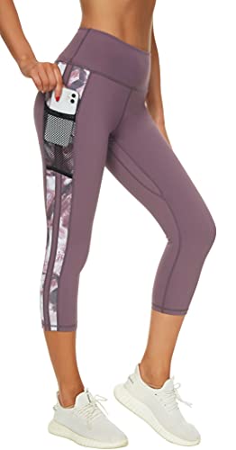 Zinmore Damen High Waist Caprihose Sporthose Tights Yoga Leggings Übung Fitness Workout Leggings mit Handytaschen Pflaume M von Zinmore