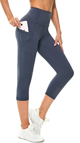 Zinmore Damen High Waist Caprihose Sporthose Tights Yoga Leggings Übung Fitness Workout Leggings mit Handytaschen Steel Gray XS von Zinmore