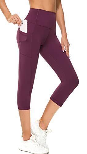 Zinmore Damen High Waist Caprihose Sporthose Tights Yoga Leggings Übung Fitness Workout Leggings mit Handytaschen Wine Red M von Zinmore