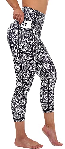 Zinmore Damen Hohe Taille Bauchkontrolle Bedruckte Yogahose Trainingshose Workout Pants Leggings mit Taschen Flower L von Zinmore