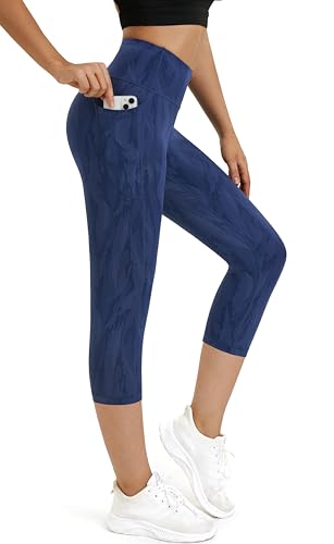 Zinmore Damen Hohe Taille Bauchkontrolle Bedruckte Yogahose Trainingshose Workout Pants Leggings mit Taschen Navy Blue L von Zinmore