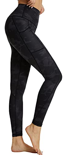 Zinmore Damen Hohe Taille Bauchkontrolle Bedruckte Yogahose Trainingshose Workout Pants Leggings mit Taschen Tarnung Schwarz L von Zinmore