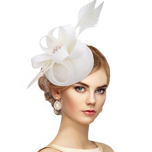 Zinniday Fascinator für Teepartys mit Federn, 2025, Derby-Hut, 1920er-, 50er-Jahre-Kirchen-Fascinator mit Haarspange für Damen, Beige, 1 Zinniday Fascinator für Teepartys mit Federn, 2025, Derby-Hut, 1920er-, 50er-Jahre-Kirchen-Fascinator mit Haarspange für Damen, Beige, 1 von Zinniday