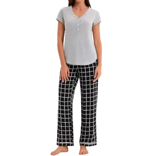 Zinnora Baumwolle Damen Schlafanzug Zweiteilig Kurzarm Pyjama Set mit V-Ausschnitt Shirt und Karierter Hose Bequeme Nachtwäsche mit Elastischem Bund, L Grau-Schwarz von Zinnora