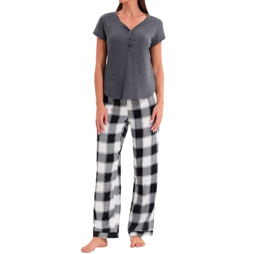 Zinnora Baumwolle Damen Schlafanzug Zweiteilig Kurzarm Pyjama Set mit V-Ausschnitt Shirt und Karierter Hose Bequeme Nachtwäsche mit Elastischem Bund, M, Dunkelgrau-Weiß von Zinnora