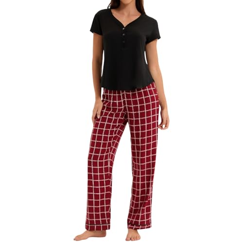Zinnora Baumwolle Damen Schlafanzug Zweiteilig Kurzarm Pyjama Set mit V-Ausschnitt Shirt und Karierter Hose Bequeme Nachtwäsche mit Elastischem Bund, XL Rot-Schwarz von Zinnora