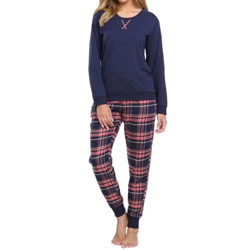 Zinnora Damen 100% Baumwolle Schlafanzug Pyjama Set Karomuster Lange Hose Loungewear weicher Stoff Winter Hausanzug, S Dunkelblau von Zinnora