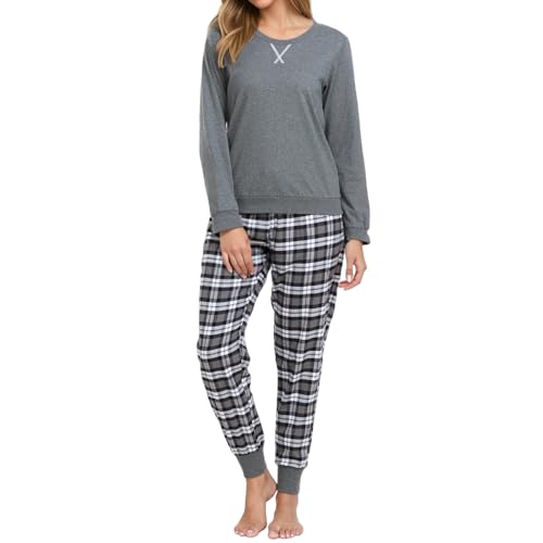 Zinnora Damen 100% Baumwolle Schlafanzug Pyjama Set Karomuster Lange Hose Loungewear weicher Stoff Winter Hausanzug, S Grau von Zinnora