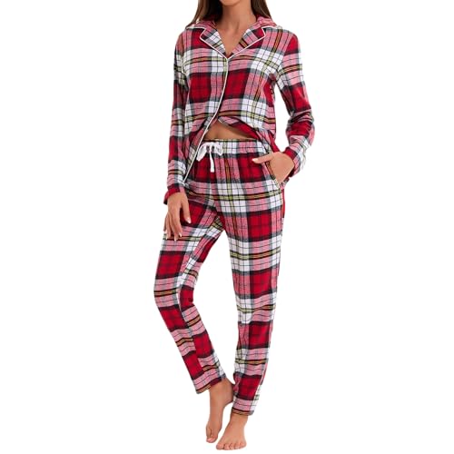 Zinnora Damen Kariertes Schlafanzug Set 100% Baumwolle Lang Flanell Pyjama Set Lange Hose Atmungsaktiv und Bequem für Herbst und Winter, M Rot-Weiß Karo von Zinnora