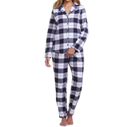 Zinnora Damen Kariertes Schlafanzug Set 100% Baumwolle Lang Flanell Pyjama Set Lange Hose Atmungsaktiv und Bequem für Herbst und Winter, S Blau-Weiß Karo von Zinnora
