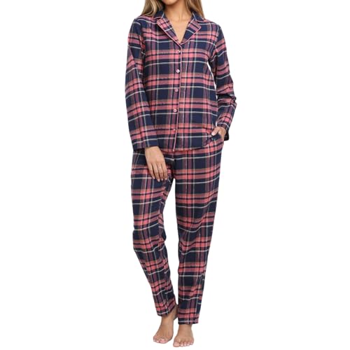 Zinnora Damen Kariertes Schlafanzug Set 100% Baumwolle Lang Flanell Pyjama Set Lange Hose Atmungsaktiv und Bequem für Herbst und Winter, XL Blau-Rosa von Zinnora