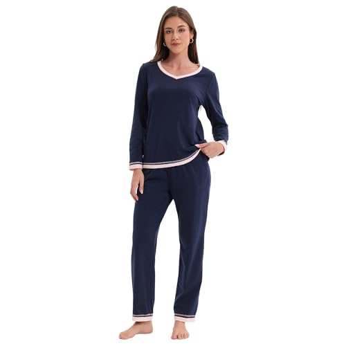 Zinnora Damen Langarm Schlafanzug Zweiteiliges Pyjama Set mit V-Ausschnitt Shirt und Hose Weicher Baumwollmix Hausanzug mit Kontrastdetails, L Marine von Zinnora