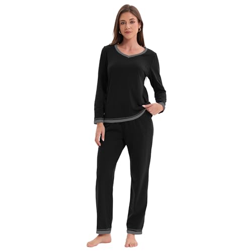 Zinnora Damen Langarm Schlafanzug Zweiteiliges Pyjama Set mit V-Ausschnitt Shirt und Hose Weicher Baumwollmix Hausanzug mit Kontrastdetails, S Schwarz von Zinnora