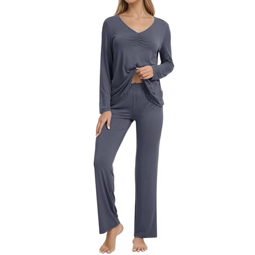 Zinnora Damen Schlafanzug Set, Weiches Zweiteiliges Pyjama Set mit V-Ausschnitt, Schlanker Passform und Wellenkante, Bequeme Nachtwäsche aus Feinstrick, S Grau von Zinnora