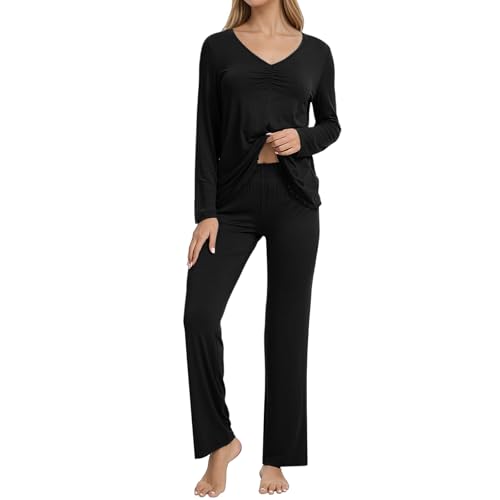 Zinnora Damen Schlafanzug Set, Weiches Zweiteiliges Pyjama Set mit V-Ausschnitt, Schlanker Passform und Wellenkante, Bequeme Nachtwäsche aus Feinstrick, XXL Schwarz von Zinnora