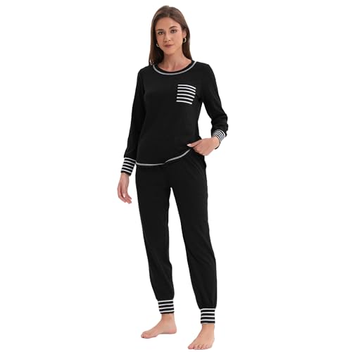 Zinnora Damen Schlafanzug Zweiteilig Langarm Pyjama Set mit Rundhals Shirt und Jogginghose Weicher Baumwollmix Hausanzug, XL Schawarz von Zinnora
