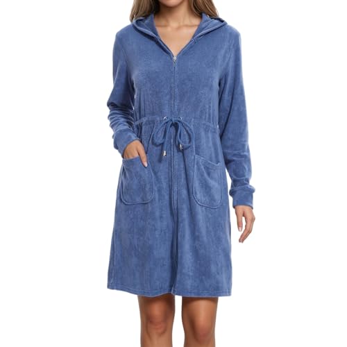 Zinnora Leichter Kurz Bademantel Damen Hausmantel Weiches Frottee Mit Kapuze Und Zipper S Marineblau Ideal für Sauna und Zuhause von Zinnora