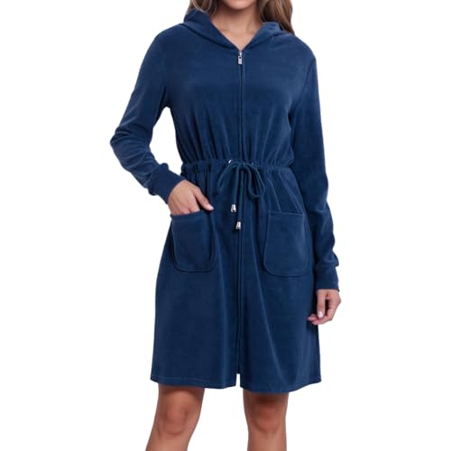 Zinnora Leichter Kurz Bademantel Damen Hausmantel Weiches Frottee Mit Kapuze Und Zipper XL Nachtblau Ideal für Sauna und Zuhause von Zinnora
