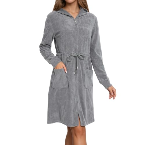 Zinnora Leichter Kurz Bademantel Damen Hausmantel Weiches Frottee Mit Kapuze Und Zipper XXL Steingrau Ideal für Sauna und Zuhause von Zinnora