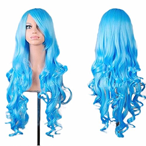 Zinsale 80cm Lange lockige Perücken Hitzebeständig Synthetik Harajuku Perücke Lolita Cosplay Haarteil (Wasserblau) von Zinsale