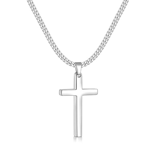 Zinvefa Kreuz Kette Herren Edelstahl Anhänger Kreuz Halskette Silber,38 * 22mm mit 55cm Kette Länge von Zinvefa