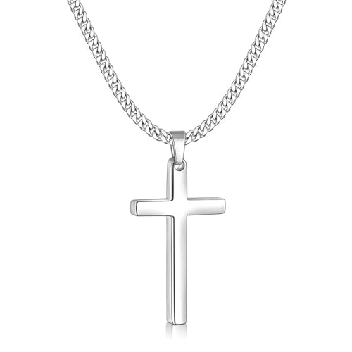 Zinvefa Kreuz Kette Herren Edelstahl Anhänger Kreuz Halskette Silber,45 * 25mm mit 51cm Kette Länge von Zinvefa
