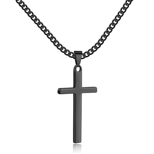 Zinvefa Kreuz Kette Herren Edelstahl Anhänger Kreuz Halskette Silber/Schwarz/Gold,Anhänger 15 * 28mm - 50 * 30mm (Schwarz,50 * 30mm+60cm) von Zinvefa
