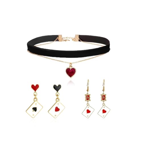 Zinx Queen of Hearts Halskette Ohrringe Set Halloween Kostüm Zubehör Rotes Herz Halskette Ohrringe Halloween Party Zubehör von Zinx