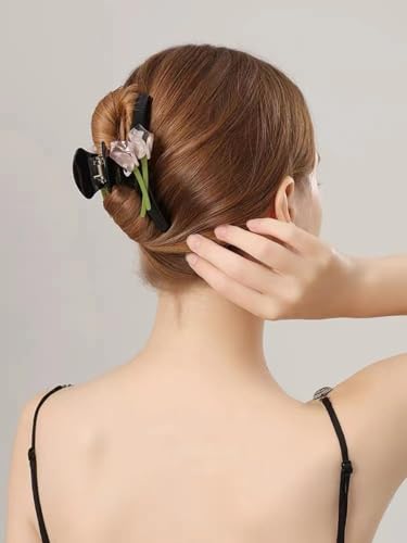 Große Blume Haarklammer, Tulpenblüte Haarspangen für Damen Blume Clip Große Rutschfeste Blume Haarspange Modisches Acetat Haar Accessoire Für Dünnes Und Dickes Haar (Schwarz) von Zinzin