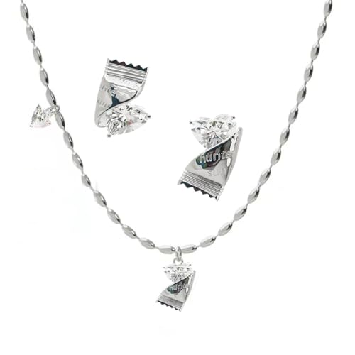 Herzförmige Zirkonia Ohrringe und Halskette, Rosa Herz Silberne Ohrstecker Süßes Bonbonpapier-Halsketten-Set, Geschenk zum Geburtstag, Valentinstag, Muttertag（weiß） von Zinzin