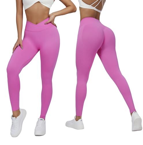 Zioccie Damen Crossover Nahtlose Scrunch Leggings V Kreuz Taille Butt Lifting Strumpfhose Workout Yoga Hosen, Knallpink (Hot Pink), M von Zioccie