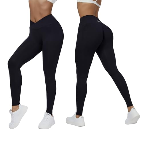 Zioccie Damen Crossover Nahtlose Scrunch Leggings V Kreuz Taille Butt Lifting Strumpfhose Workout Yoga Hosen, Schwarz, M von Zioccie