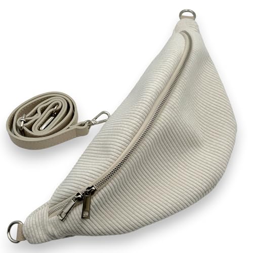 Bauchtasche Cord, Stylische Gürteltasche Damen mit Crossbody Echt Leder Gurt, Made in Italy Umhängetasche (Beige) von Ziona