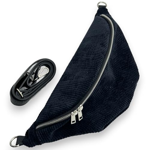 Bauchtasche Cord, Stylische Gürteltasche Damen mit Crossbody Echt Leder Gurt, Made in Italy Umhängetasche (Schwarz) von Ziona