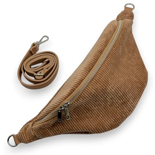 Bauchtasche Cord, Stylische Gürteltasche Damen mit Crossbody Echt Leder Gurt, Made in Italy Umhängetasche (Taupe) von Ziona