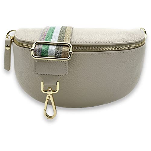 Bauchtasche mit breitem Gurt Damen beige Gold, Leder Crossbody Bag mit breitem Taschengurt, Gürteltasche, Brusttasche, Boom Bag (Glitzer-Streifen) von Ziona