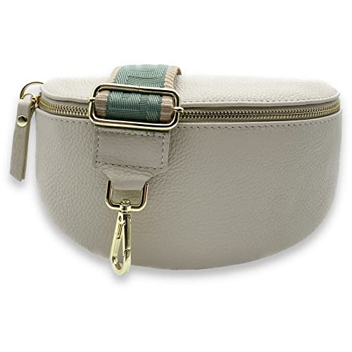 Bauchtasche mit breitem Gurt Damen beige Gold, Leder Crossbody Bag mit breitem Taschengurt, Gürteltasche, Brusttasche, Boom Bag (M-Ornament) von Ziona